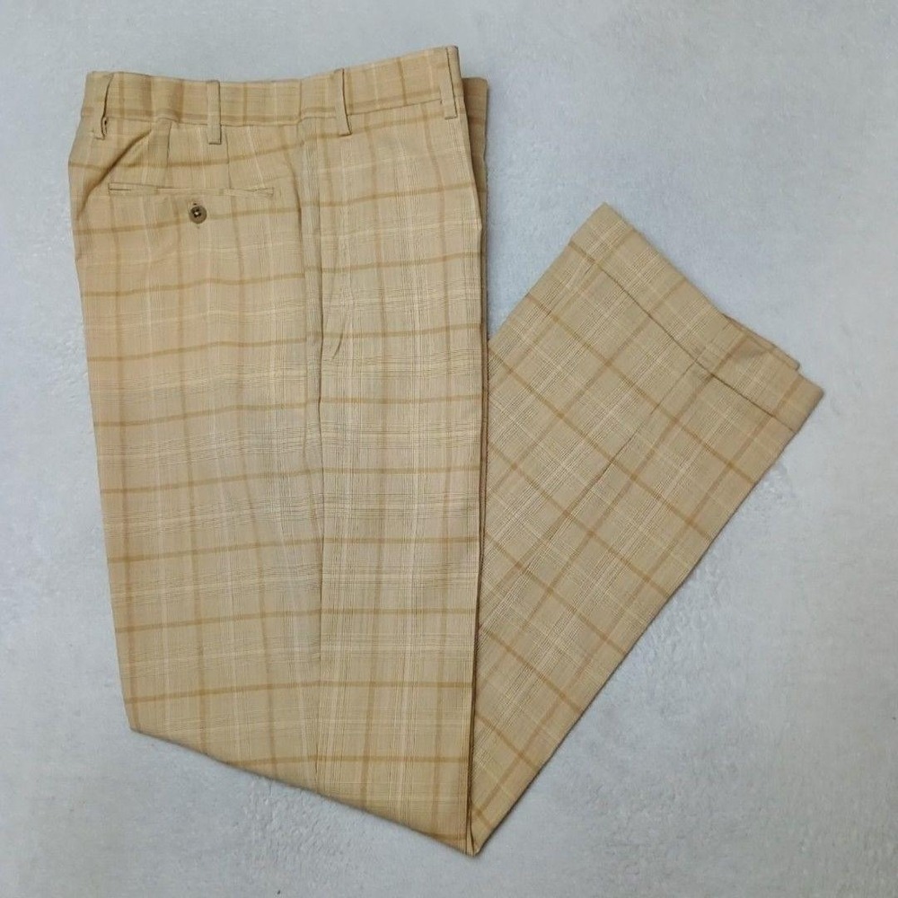 Zanella Pants Men 35x32 Beige Plaid Devon Wool Slim Cuffed Dress Slacks
